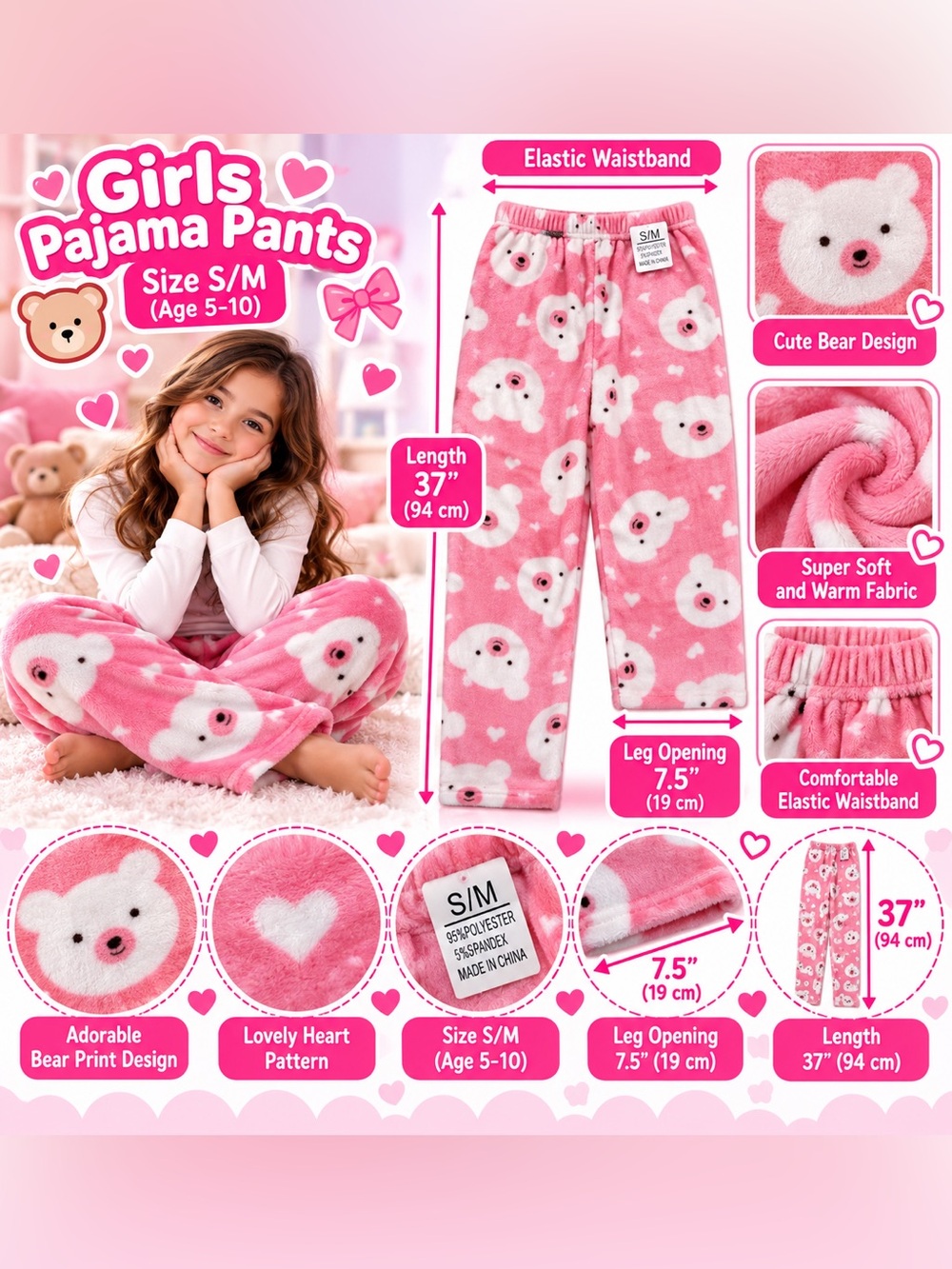 Kids Fleece Pink Pajama Pants S/M Soft Plush Warm Girls Sleepwear Lounge Pants